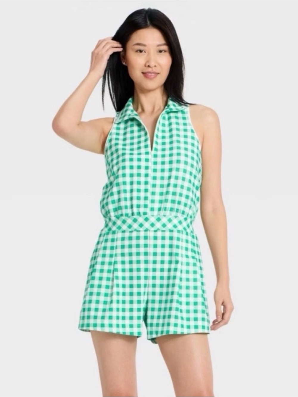 All in Motion Women’s sleeveless pleated romper green gingham